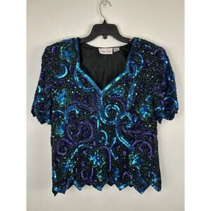 Vintage Lawrence Kazar Silk Beaded Sequin Embroidered Top Size XL Cocktail Xmas